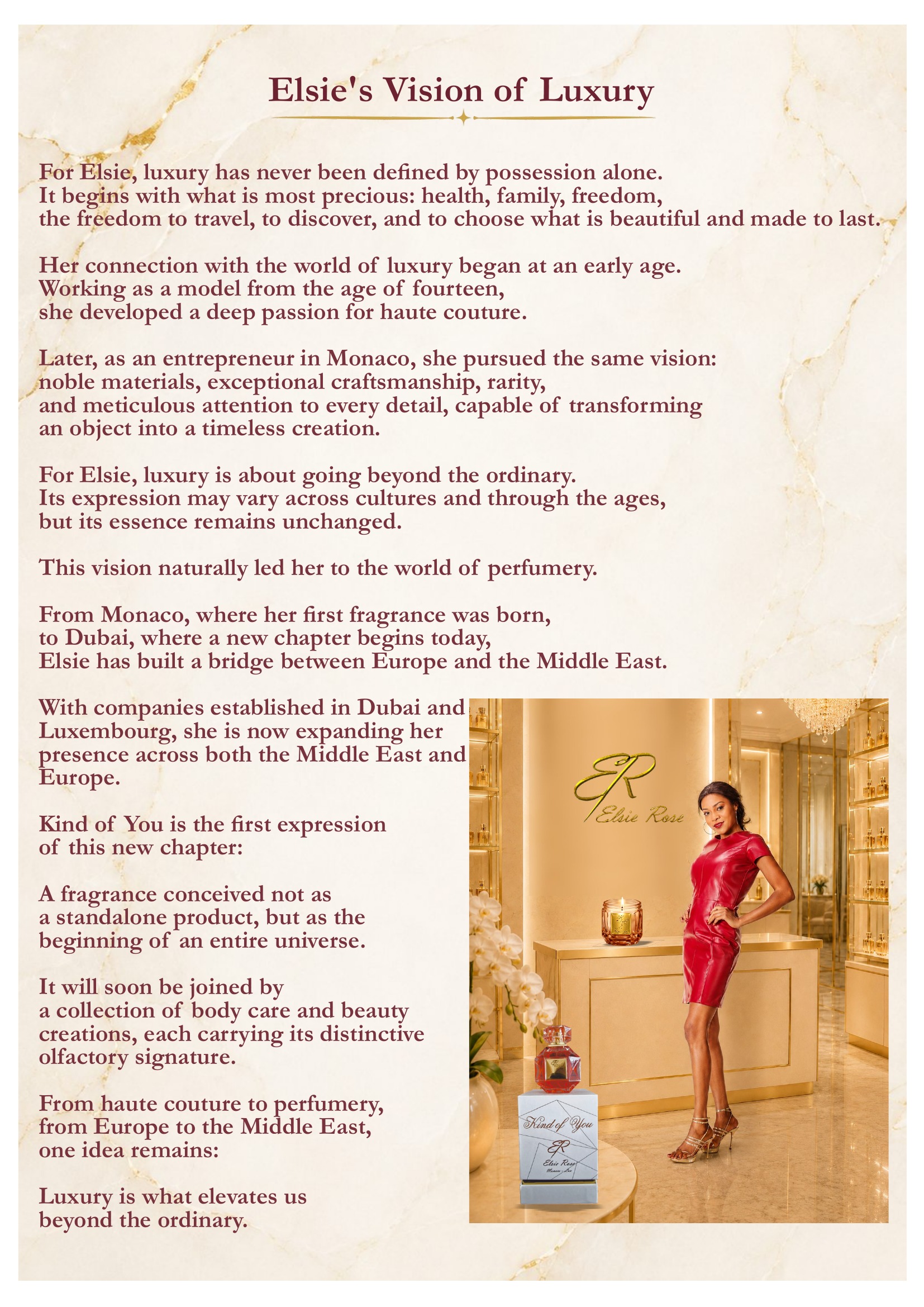 Elsie, Her Vision of Luxury. Texte biographique sur la fondatrice d'Elsie Rose, de Monaco à Dubaï, et photo d'Elsie dans le showroom de la maison.